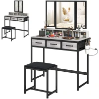 HOMCOM Toucador de Maquilhagem com Espelho Tríptico Removível, Banco Prateleiras e Suporte para Secador 90x40x141 cm Cinzento(m-10)
