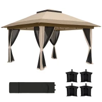 Outsunny Cenador Plegable 3,6x3,6 m con Laterales de Malla UPF50+ Altura Ajustable Bolsa con Ruedas y Bolsas de Arena Beige(m-10)