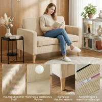 HOMCOM Sofa 2 Sitzer Couch mit 2 Wurfkissen, Stauraum Massivholzfüßen Kleine Modern Loveseat Corduroy 117 x 63 x 79 cm Beige(m-5)