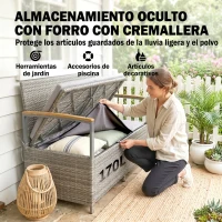 Outsunny Banco de Almacenamiento Exterior de Ratán 170 L con Cojín Lavable Respaldo Reposabrazos de Madera de Acacia Gris Claro(m-5)