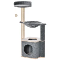 PawHut Albero Tiragraffi per Gatti Alto 95cm, Palestra per Gatti di Multilivelli con Casetta, Amaca, Pallina da Gioco, Cuccia e Corde in Sisal, 48x34x95cm, Grigio(m-1)