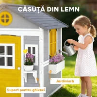Outsunny Căsuță din Lemn pentru Copii 3-8 Ani, Căsuță de Grădină cu Ferestre, Acoperiș Înclinat, Ghivece și Jardiniere, Gri, Galben, Alb(m-4)
