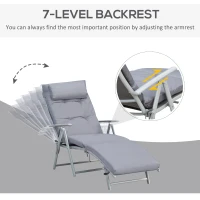 Outsunny Sun Lounger Metal Frame Outdoor Folding Chaise, Texteline Lounge Chair Recliner with Headrest and 7 Levels Adjustable Backrest, Grey(m-14)