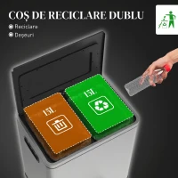 HOMCOM Coș de gunoi cu 2 compartimente de 15L, cu pedală și capac silențios, din oțel inoxidabil și PP, 40x34,8x47,5 cm(m-4)