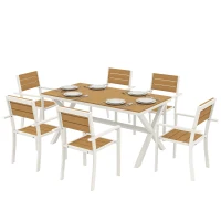 Outsunny Set Masă și Scaune de Grădină 7 Piese, Set Prânz Exterior din Aluminiu cu 6 Scaune Stivuibile, Masă cu Șipci Imitatie Lemn, pentru Terasă, Balcon, Patio, Teak(m-10)