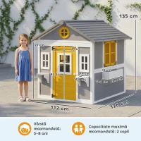 Outsunny Căsuță din Lemn pentru Copii 3-8 Ani, Căsuță de Grădină cu Ferestre, Acoperiș Înclinat, Ghivece și Jardiniere, Gri, Galben, Alb(m-3)