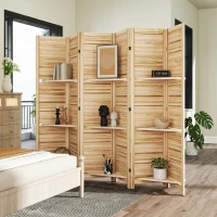 HOMCOM Paravent intérieur en bois 4 panneaux 160 x 170 cm, séparateur de pièce pliable 3 étagères, bois naturel effet brûlé(m-8)