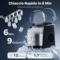 HOMCOM Macchina del Ghiaccio Autopulente da 9 Cubetti in 6-12 Minuti, in PP e Acciaio Inox, 24.2x35.3x33 cm, Nera(m-4)
