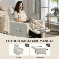 HOMCOM Fotoliu Reclinabil 135° în Material Textil cu Efect de In, Spumă, Oțel și Lemn, 73x86x100 cm, Crem(m-4)