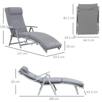 Outsunny Sun Lounger Metal Frame Outdoor Folding Chaise, Texteline Lounge Chair Recliner with Headrest and 7 Levels Adjustable Backrest, Grey(m-13)