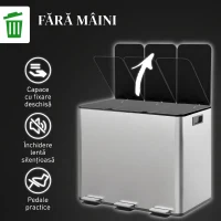 HOMCOM Coș de Gunoi cu 3 Compartimente de 20L cu Închidere Silențioasă, din Oțel Inoxidabil și PP, 61.9x36.6x56.7 cm(m-6)