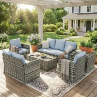 Outsunny 6 Pieces Rattan Garden Furniture Set, 7 Seater Wicker Outdoor Furniture Set with Storage Tea Table & Side Table, Sectional Garden Sofa Set with Cushions, Grey(m-2)