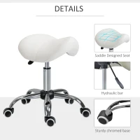 HOMCOM Height Adjustable Saddle Stool with Swivel Wheels, Faux Leather Salon Chair for Hairdressing, Beauty, Tattoo, White(m-15)
