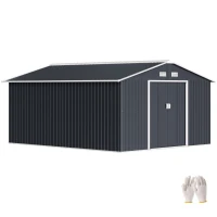 Outsunny Casetta da Giardino 12.4m² con Fondazione, 4 Prese d'Aria e 2 Porte Scorrevoli, Capanno Porta Attrezzi in Lamiera d'Acciaio, 340x386x200 cm, Giallo(m-1)