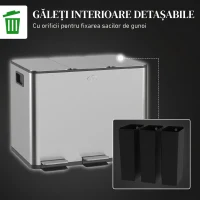 HOMCOM Coș de Gunoi cu 3 Compartimente de 20L cu Închidere Silențioasă, din Oțel Inoxidabil și PP, 61.9x36.6x56.7 cm(m-7)
