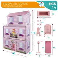 Casa de Muñecas de Madera WOOMAX 3 Plantas, 5 Estancias, 80x31x112 Cm, Rosa(m-6)
