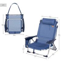 Silla de Playa Tumbona Baja Reclinable 4 Posiciones con Cojín y Bolsillo, 51x45x76 Cm, Azul Marino(m-4)