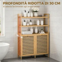 HOMCOM Mobile Porta Biancheria Doppio Inclinabile, Bambù, 2 Cesti, 3 Ripiani, Colore Rovere(m-8)