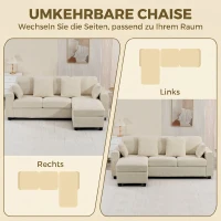 HOMCOM Ecksofa mit umkehrbarer Chaiselongue, 3-Sitzer Sofa mit Samtoptik, breite und tiefe Sitzfläche, Federkissen, Beige(m-4)