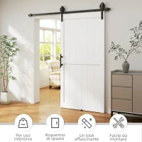 HOMCOM Porta Scorrevole in Stile Country con Binario e Maniglia in Legno e Acciaio, 106.6x213.4 cm, Bianco e Nero(m-6)