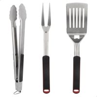 Set Utensilios Barbacoa Aktive, Acero Inoxidable con Mango Antideslizante, 41x9 Cm, Gris y Negro