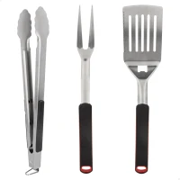 Set Utensilios Barbacoa Aktive, Acero Inoxidable con Mango Antideslizante, 41x9 Cm, Gris y Negro(m-1)