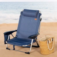 Silla de Playa Tumbona Baja Reclinable 4 Posiciones con Cojín y Bolsillo, 51x45x76 Cm, Azul Marino(m-2)