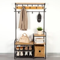Perchero Zapatero Industrial con 4 Estantes y 15 Ganchos, 102x40x180 Cm, Negro(m-7)