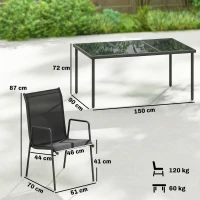 Outsunny Set de Grădină 7 piese din Oțel cu 6 Scaune Stivuibile din Textilenă și Masă de Cafea cu Blat din Sticlă, Negru(m-3)
