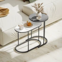 HOMCOM Set 2 Tavolini da Salotto Impilabili con Telaio in Metallo per Soggiorno e Ufficio, Grigio e Bianco(m-7)