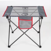 Mesa Plegable de Camping con 2 Posavasos y Bolsillo Lateral, 62x50x50 Cm, Gris y Rojo(m-2)