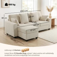 HOMCOM Ecksofa mit umkehrbarer Chaiselongue, 3-Sitzer Sofa mit Samtoptik, breite und tiefe Sitzfläche, Federkissen, Beige(m-3)