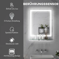 kleankin Badezimmerspiegel mit LED-Beleuchtung, 3 Lichtfarben, Antibeschlag-Funktion, verkabelt, 70 x 50 cm(m-4)