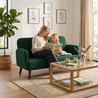 HOMCOM Velvet Feel Fabric 2 Seater Sofa, Small Sofa Loveseat with 21cm Thick Padding and Wood Legs, Dark Green(m-7)