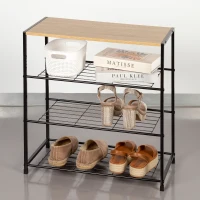 Zapatero Metálico 4 Estantes, 63x30x63 Cm, Negro y Madera(m-7)
