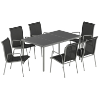 Outsunny Set da Esterno 7pz con 6 Sedie Impilabili in Texteline e Tavolino da Caffè con Piano in Vetro, Nero e Argento