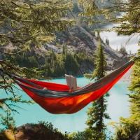 Hamaca Colgante Camping Ultraligera con Cuerdas y Mosquetones, 300x140 Cm, Rojo y Gris(m-5)