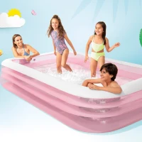 Piscina Hinchable Infantil Rectangular 3 Aros PVC 0,3 Mm, 305x183x56 Cm, Rosa y Blanco(m-7)