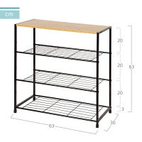 Zapatero Metálico 4 Estantes, 63x30x63 Cm, Negro y Madera(m-4)