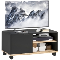 HOMCOM TV-board op wielen met remmen, tv-meubel met kast en verstelbare plank, zwart en eiken