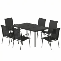 Outsunny Set de Grădină 7 piese din Oțel cu 6 Scaune Stivuibile din Textilenă și Masă de Cafea cu Blat din Sticlă, Negru(m-10)