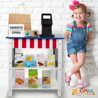 Supermercado de Juguete de Madera con Caja Registradora y 27 Accesorios, 48x30x70 Cm, Azul y Blanco(m-7)