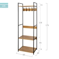Perchero Zapatero Vertical 3 Estantes 5 Ganchos, 60x40x175 Cm, Negro y Madera(m-4)