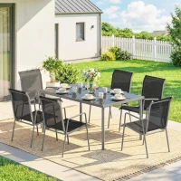 Set mobilier de grădină Outsunny, 7 piese, cu 6 scaune stivuibile din Textilenă și masă cu blat din sticlă, Negru și Argintiu(m-2)