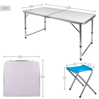 Mesa Plegable Regulable en Altura con 4 Taburetes, 120x60x60/70 Cm, Malva(m-4)