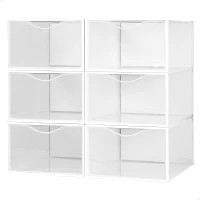 Pack 6 Cajas para Zapatos Transparentes Apilables Antivuelco, 23x33,5x14,5 Cm, Blanco(m-1)