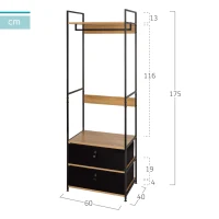 Armario Abierto Estructura Metálica y Cajones Plegables, 60x40x175 Cm, Negro y Madera(m-4)