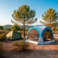 Carpa Camping Plegable con Mosquitera y 4 Puertas, 350x350x260 Cm, Azul y Gris(m-6)