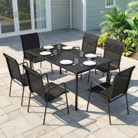 Outsunny Set da Esterno 7pz in Acciaio con 6 Sedie Impilabili in Texteline e Tavolino da Caffè con Piano in Vetro, Nero(m-2)