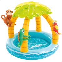 Piscina Hinchable Infantil Isla Tropical con Toldo, Suelo Acolchado y 3 Animales, 102x102x86 Cm, Multicolor(m-1)